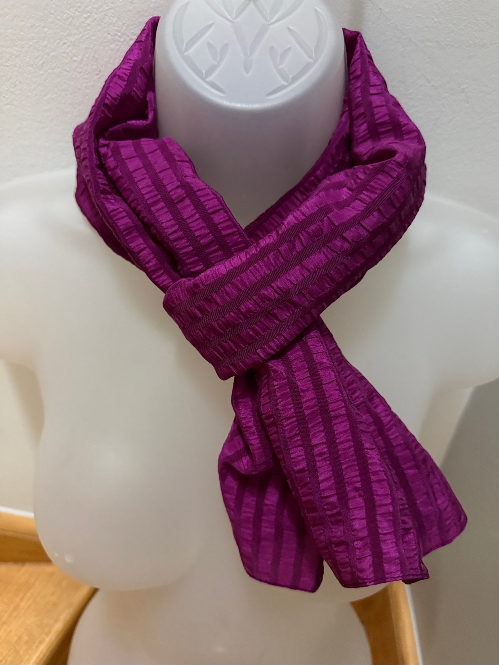 VTG Geoffrey Beene Magenta Silk Wool Crinkle Striped Scarf Made In France